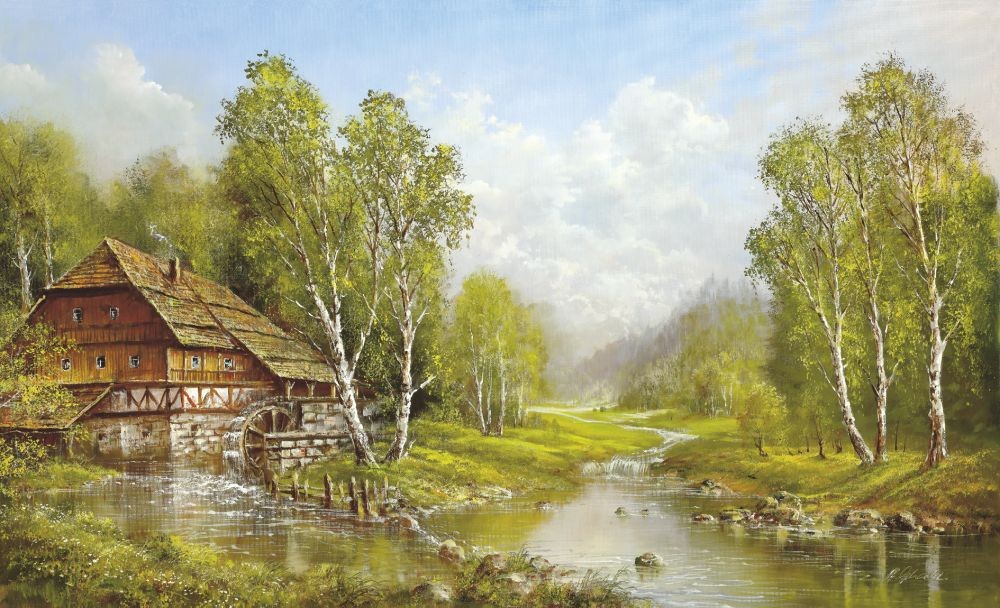 Helmut Glassl, OLD MILL COTTAGE (Malerei, Landschaften, Natur, Wassermühle, Mühle, Birken, Seelandschaft, See, Idylle, Ruhe, Bäume, Wohnzimmer, Treppenhaus, Schlafzimmer, bunt)