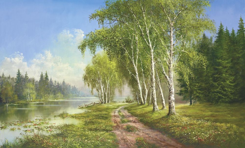 Helmut Glassl, Path At The Lake (Malerei, Landschaften, Natur, Wald, Seelandschaft, Se, Wanderweg, Birken, Idylle, Ruhe, Bäume, Wohnzimmer, Treppenhaus, bunt)