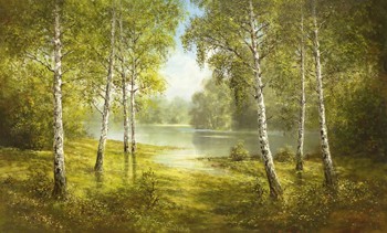 Helmut Glassl, POND SPINKA (Malerei, Landschaften, Natur, Wald, Birken, Seelandschaft, See, Idylle, Ruhe, Bäume, Wohnzimmer, Treppenhaus, Schlafzimmer, bunt)