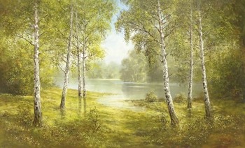 Helmut Glassl, POND SPINKA (Malerei, Landschaften, Natur, Birken, Seelandschaft, See,Dämmerung, Dunst, Einsamkeit, Idylle, Ruhe, Bäume, Wohnzimmer, Treppenhaus, bunt)