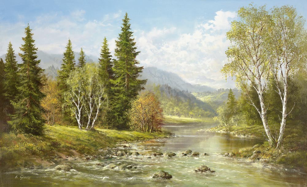 Helmut Glassl, RIVER TISA BY RACHOV (Malerei, Landschaften, Natur, Hügel, Flusslandschaft, Gebirgsfluss, Ukraine, Einsamkeit, Idylle, Ruhe, Bäume, Wohnzimmer, Treppenhaus, bunt)