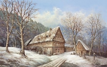 Helmut Glassl, ROMANTIC MILL IN WINTER (Malerei, Landschaften, Natur, Winterlandschaft, Mühle, Schnee, Einsamkeit, Idylle, Ruhe, Bäume, Wohnzimmer, Treppenhaus, bunt)