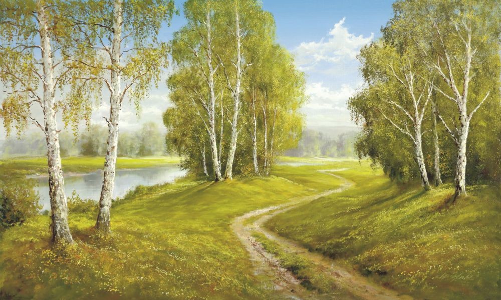 Helmut Glassl, ROMANTIC PATHWAY (Malerei, Landschaften, Natur, Birken, Seelandschaft, See, romantisch, Wanderweg, Einsamkeit, Idylle, Ruhe, Bäume, Wohnzimmer, Treppenhaus, bunt)