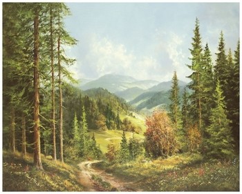 Helmut Glassl, ROMANTIC VALLEY (Malerei, Landschaften, Natur, Berge, Hügel, Wanderweg, Bäume, Einsamkeit, Idylle, Schlafzimmer, Wohnzimmer, bunt)