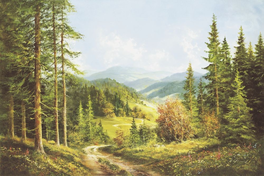 Helmut Glassl, ROMANTIC VALLEY (Malerei, Landschaften, Natur, Berge, Hügel, Wanderweg, Bäume, Einsamkeit, Idylle, Schlafzimmer, Wohnzimmer, bunt)