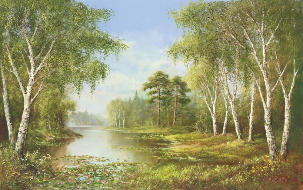 Helmut Glassl, SECLUDED POND (Malerei, Landschaften, Natur, Wald, Birken, Seelandschaft, See, Idylle, Ruhe, Bäume, Wohnzimmer, Treppenhaus, Schlafzimmer, bunt)