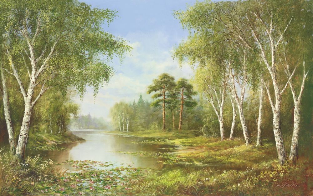 Helmut Glassl, SECLUDED POND (Malerei, Landschaften, Natur, Wald, Seelandschaft, See, Idylle, Ruhe, Bäume, Wohnzimmer, Treppenhaus, Schlafzimmer, bunt)