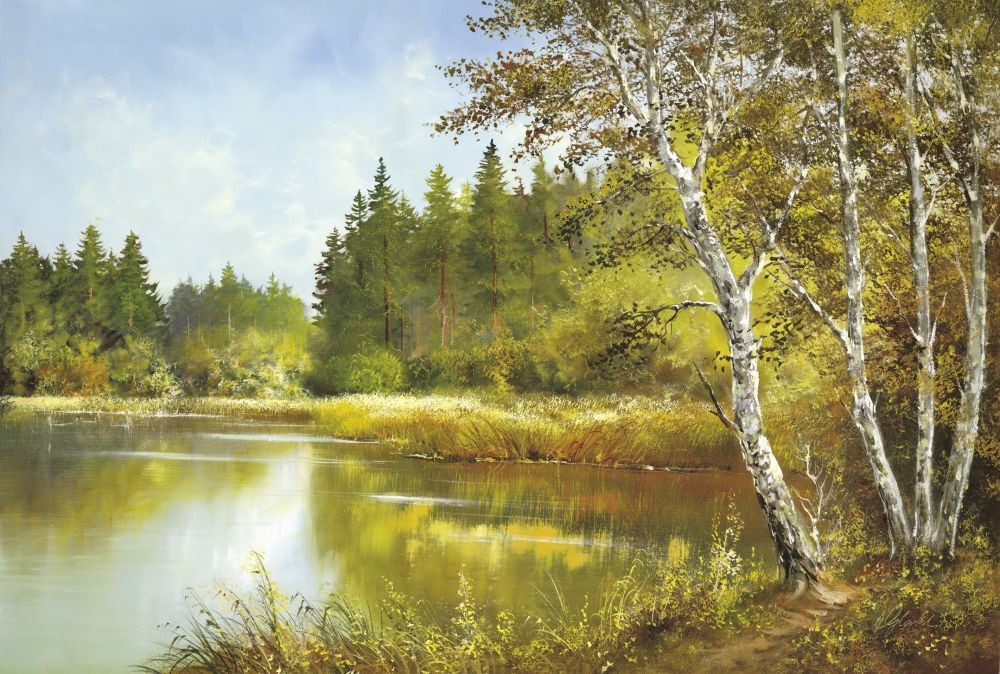 Helmut Glassl, SECRET POND (Malerei, Landschaften, Natur, Wald, Birken, Seelandschaft, See, Idylle, Ruhe, Bäume, Wohnzimmer, Treppenhaus, Schlafzimmer, bunt)