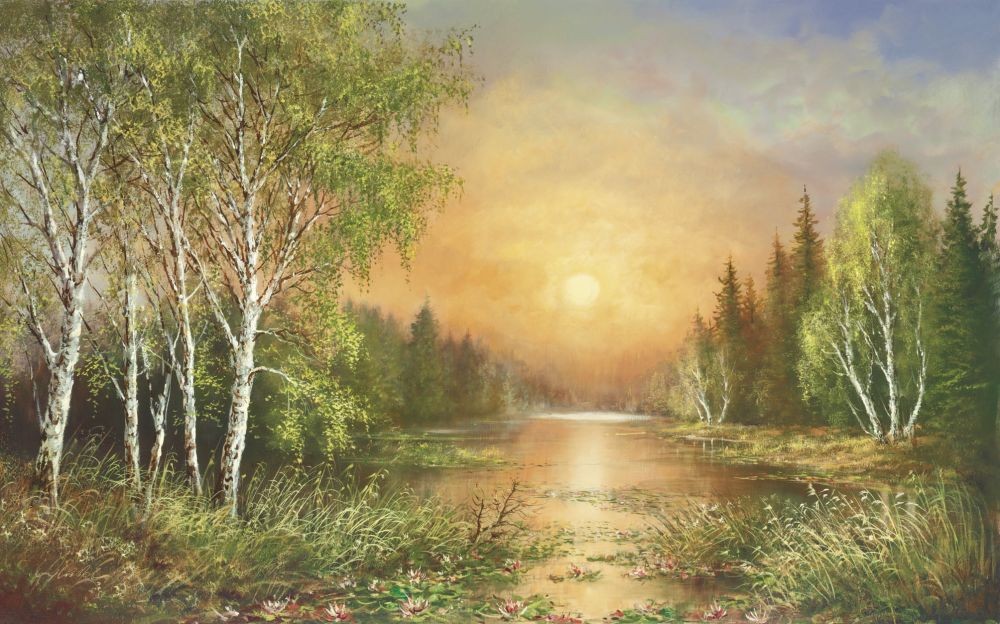 Helmut Glassl, SIBERIAN SUNSET (Malerei, Landschaften, Natur, Hügel, Seelandschaft, See, Sibirien, Sonnenuntergang, Birken, Einsamkeit, Idylle, Ruhe, Bäume, Wohnzimmer, Treppenhaus, bunt)