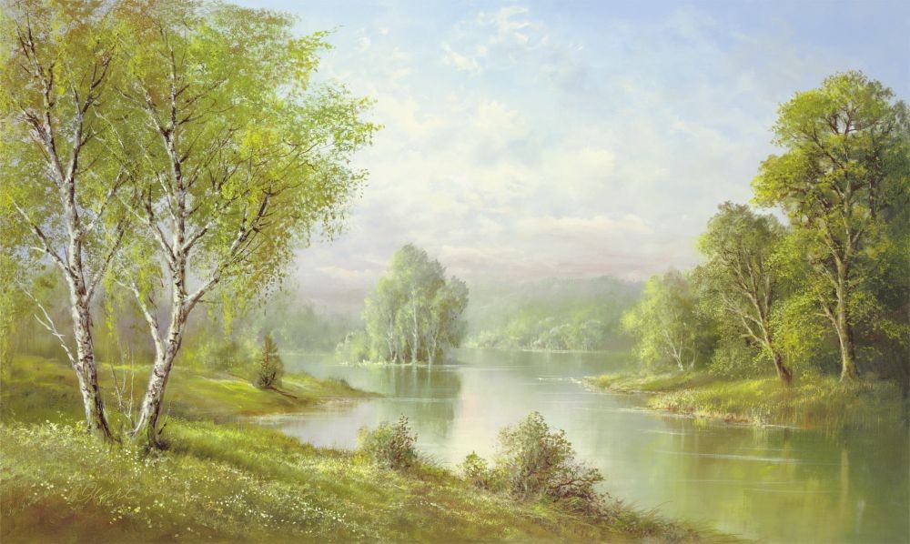 Helmut Glassl, SILENT WATERS (Malerei, Landschaften, Natur, Birken, Seelandschaft, See, Einsamkeit, Idylle, Ruhe, Bäume, Wohnzimmer, Treppenhaus, bunt)