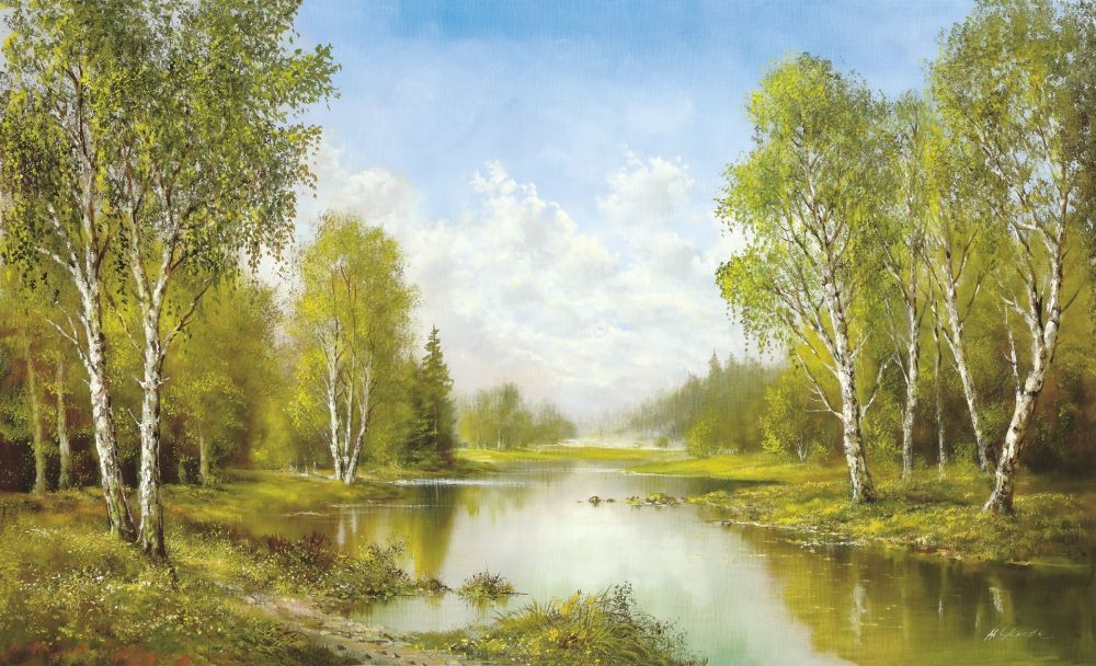 Helmut Glassl, SPRINGTIME MORNING (Malerei, Landschaften, Natur, Wald, Frühling, Birken, Flusslandschaft, Fluss, Idylle, Ruhe, Bäume, Wohnzimmer, Treppenhaus, Schlafzimmer, bunt)