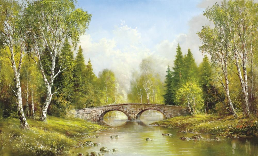 Helmut Glassl, STONE BRIDGE (Malerei, Landschaften, Natur, Wald, Steinerne Brücke, Birken, Fluss, Flusslandschaft, Idylle, Ruhe, Bäume, Wohnzimmer, Treppenhaus, Schlafzimmer, bunt)