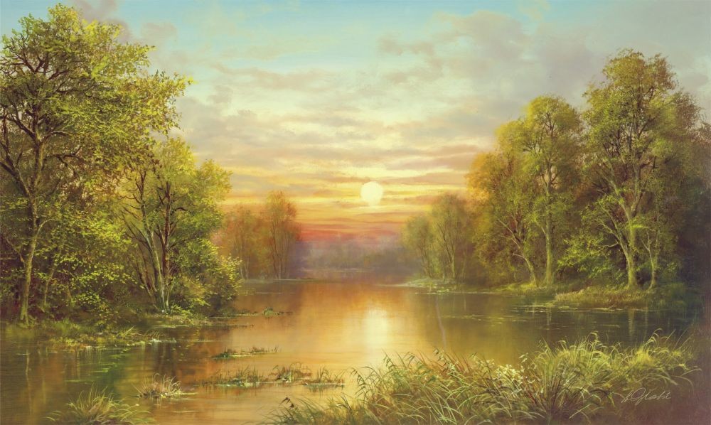 Helmut Glassl, SUNSET (Malerei, Landschaften, Natur, Hügel, Seelandschaft, See, Sonnenuntergang,  Einsamkeit, Idylle, Ruhe, Bäume, romantisch, Wohnzimmer, Treppenhaus, bunt)