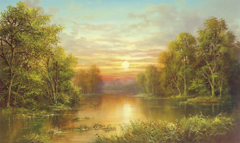 Helmut Glassl, SUNSET (Malerei, Landschaften, Natur, Sonnenuntegang, Seelandschaft, See, Einsamkeit, Idylle, Ruhe, Bäume, Wohnzimmer, Treppenhaus, bunt)