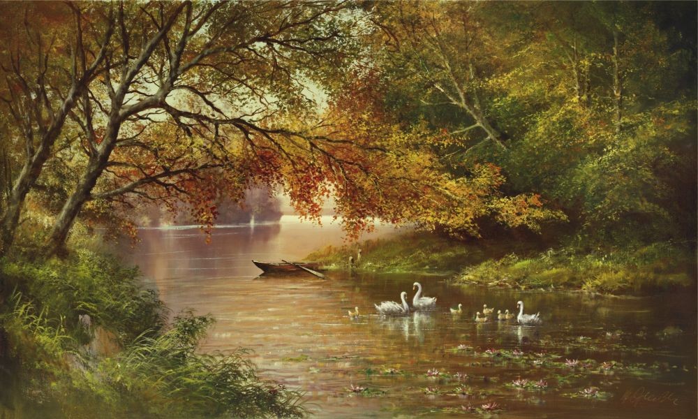 Helmut Glassl, Swan Family In Autumn (Malerei, Landschaften, Natur, Wald, Fluss, Schwäne, Flusslandschaft, Boot, Idylle, Ruhe, Herbst, Bäume, Wohnzimmer, Schlafzimmer,  Treppenhaus, bunt)