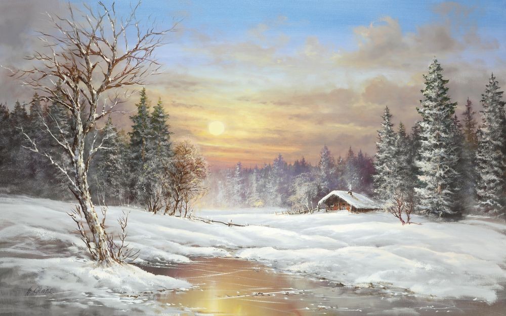 Helmut Glassl, TUNDRA NIGHT (Malerei, Landschaften, Natur, Winter, Tundra,  Schnee, Fluss, Kälte, Bauernhof, Abgeschiedenheit, Sonnenuntergang, romantisch, Idylle, Ruhe, Bäume, Einsamkeit, Wohnzimmer, Treppenhaus, bunt)