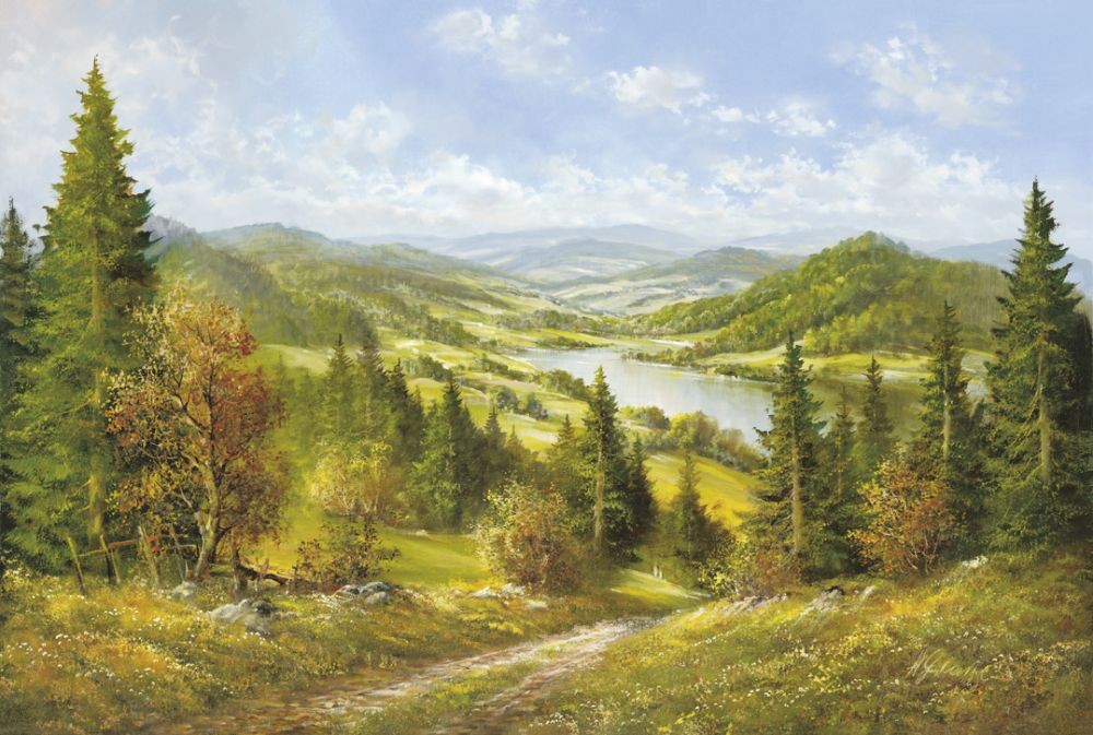 Helmut Glassl, VALLEY IN CZECH (Malerei, Landschaften, Natur, Hügel, Seelandschaft, See, Tschechien, Wanderweg, Einsamkeit, Idylle, Ruhe, Bäume, Wohnzimmer, Treppenhaus, bunt)