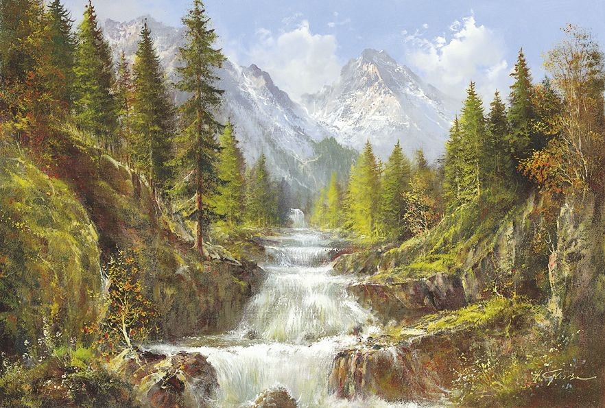 Helmut Glassl, WATERFALL IN THE CARPATHIANS (Malerei, Landschaften, Natur, Gebirge, Karpaten, Wasserfall, schroff, Einsamkeit, Idylle, Ruhe, Bäume, Wohnzimmer, Treppenhaus, bunt)