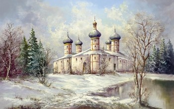 Helmut Glassl, WINTER IN SAMARA (Malerei, Landschaften, Natur, Winter, Schnee, Russland, Kirche, Zwiebeltürmchen, romantisch, Idylle, Ruhe, Bäume, Einsamkeit, Wohnzimmer, Treppenhaus, bunt)