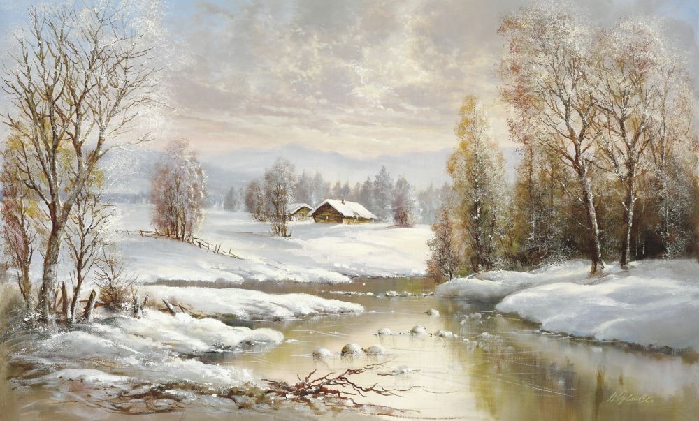 Helmut Glassl, WINTER TWILIGHT (Malerei, Landschaften, Natur, Wald, Winter, Schnee, Berge, Fluss, Kälte, Idylle, Ruhe, Bäume, Einsamkeit, Wohnzimmer, Treppenhaus, bunt)