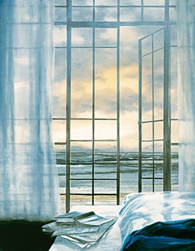 Henning von Gierke, Atlantisches Zimmer (Zimmer, Interieur, Fenster, Türen, Glas, Sonnenlicht, Ozean, Meer, Bett, Bücher, Urlaub, Schlafzimmer, Malerei, Realismus, bunt)