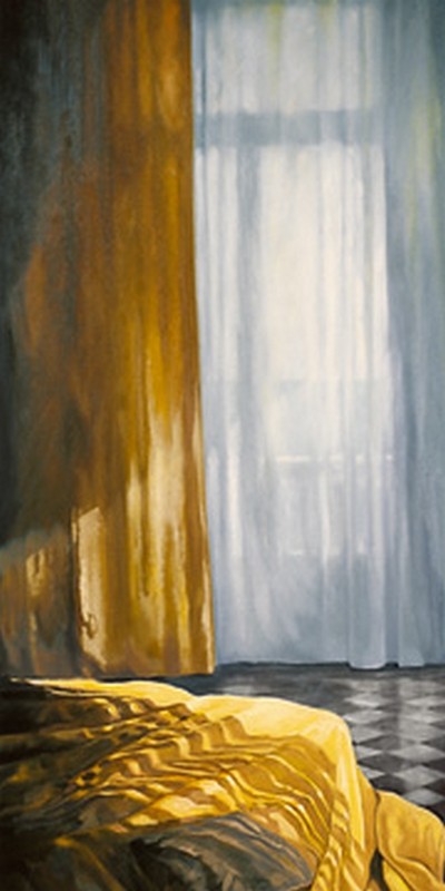 Henning von Gierke, Interieur mit Sonne und Meer I (Zimmer, Interieur, Fenster, Vorhänge, Transparenz, Sonnenlicht, Ozean, Meer, Bett, Bücher, Urlaub, Schlafzimmer, Malerei, Realismus, Wunschgröße, bunt)