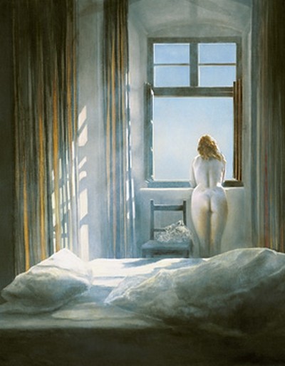 Henning von Gierke, Morgensonne (Zimmer, Interieur, nackte Frau, Akt, Rückenakt, Sonnenlicht, Fenster, Erotik, Schlafzimmer, Malerei, Realismus, Wunschgröße, bunt)