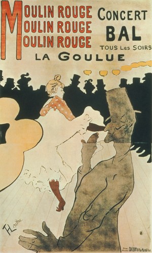 Henri de Toulouse-Lautrec, La Goulue au Moulin Rouge (Malerei, Jugendstil, Plakatkunst, Frau, Tanz, French Can-Can, Tänzerin, Revue, Zuschauer, Zylinder, Silhouetten, Moulin Rouge, Schlafzimmer, Treppenhaus, Wohnzimmer, Wunschgröße, bunt)