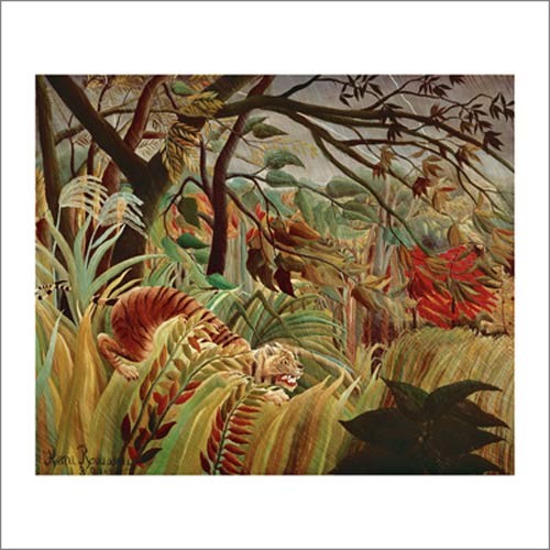 Henri ROUSSEAU, Tiger in tropical storm, 1891 (Dschungel, Bäume, Tiger, Sturm, Wind magischer Realismus, Wohnzimmer, Treppenhaus, Malerei, klassische Moderne, bunt)