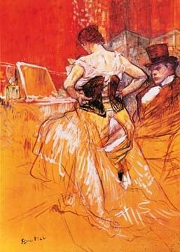 Henri de Toulouse-Lautrec, Femme, mettant son corset (Malerei, Studie, Jugendstil,  Frau, Tänzerin, Revue, Zuschauer, Zylinder, Garderobe, Schlafzimmer, Treppenhaus, Wohnzimmer, Wunschgröße, bunt)