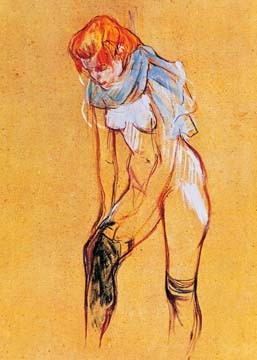 Henri de Toulouse-Lautrec, Femme, qui tire son bas (Malerei, Studie, Jugendstil,  Frau, Aktzeichnung, Strümpfe, ankleiden, Schlafzimmer, Treppenhaus, Wohnzimmer, Wunschgröße, bunt)