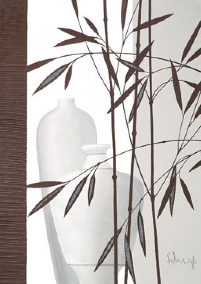 Franz Heigl, Whispering Bamboo III (Modern, Malerei, Asiatische Kunst, Stillleben, Vasen, weiß, Bambus, Blätter, grau - braun,)