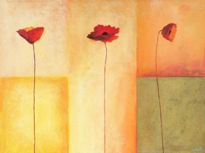 Erika Heinemann, Dreierlei Mohn II (Mohn, Blüten, Blumen, filigran, Malerei, Farbfelder, geometrische Formen, modern, dekorativ, Treppenhaus, Arztpraxis, Wohnzimmer, bunt)