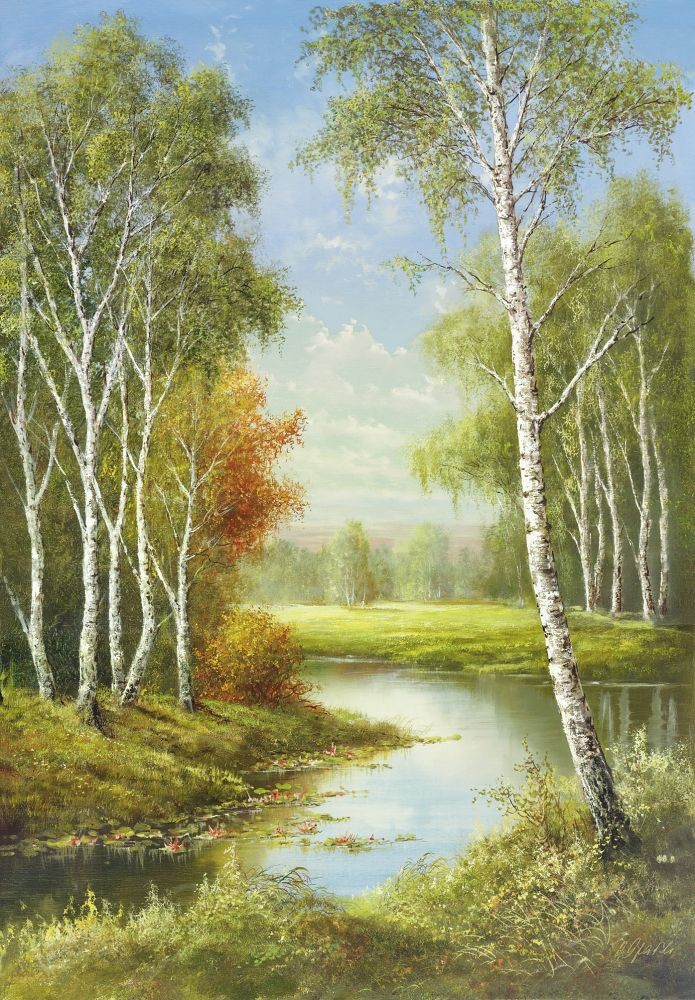 Helmut Glassl, BIRCHES (Malerei, Landschaften, Natur, Hügel, Seelandschaft, See, Birken, Idylle, Ruhe, Bäume, Wohnzimmer, Treppenhaus, bunt)