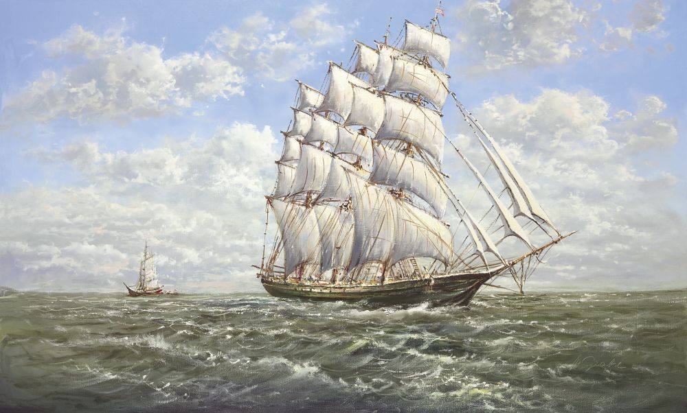 Helmut Glassl, FULL SPEED AHEAD I (Malerei, Meeresbrise, Natur,  See, Segelschiff,Viermaster,  Seegang, Boot, Meer, Wasser, Wohnzimmer, Treppenhaus, bunt)