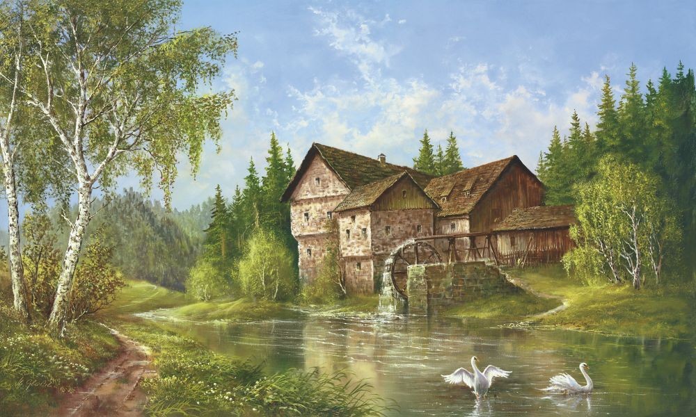 Helmut Glassl, Mill With Swans (Malerei, Mühle, Wassermühle, Schwäne, Landschaften, Natur, Wald, Fluss, Flusslandschaft, Birken, Idylle, Ruhe, Bäume, Wohnzimmer, Treppenhaus, bunt)