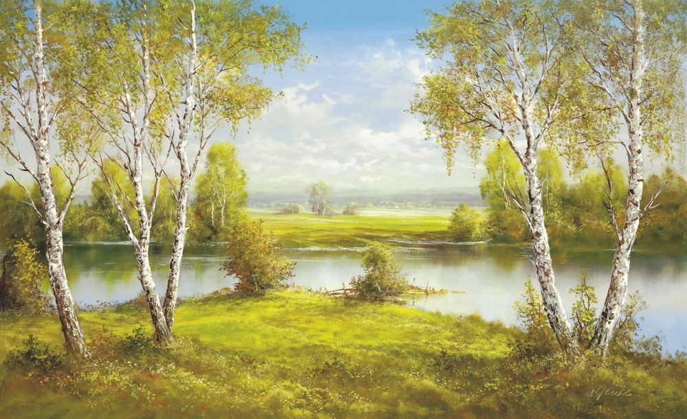 Helmut Glassl, REFLECTIONS OF SPRING (Malerei, Landschaften, Natur, Wald, Birken, Flusslandschaft, Fluss, Idylle, Ruhe, Bäume, Wohnzimmer, Treppenhaus, Schlafzimmer, bunt)