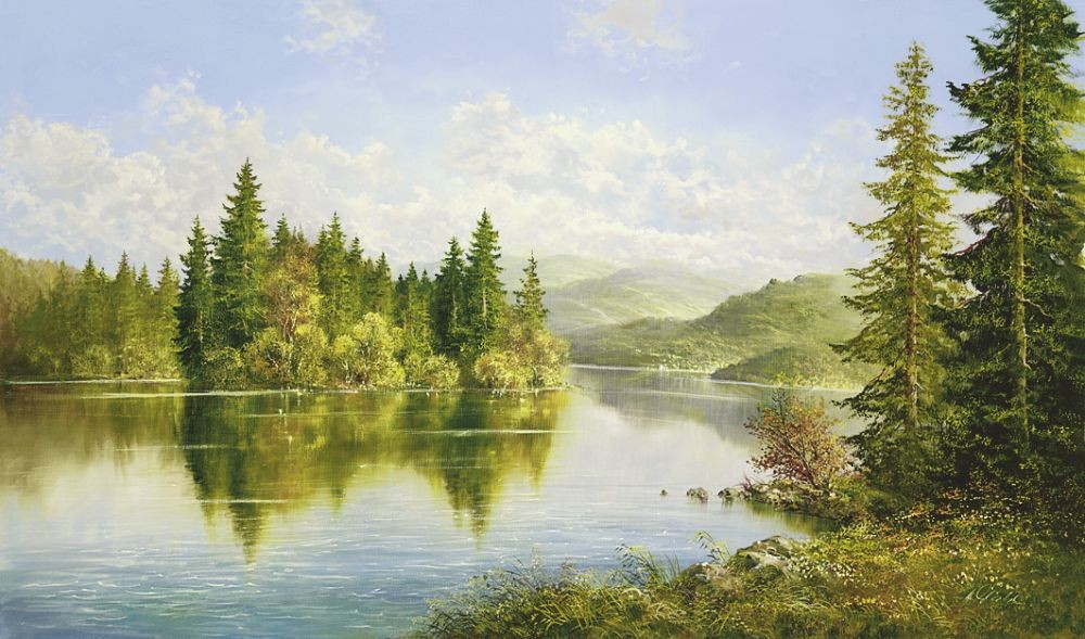 Helmut Glassl, SIBERIAN LAKE (Malerei, Landschaften, Natur,  Seelandschaft, See, Sibirien, Einsamkeit, Idylle, Ruhe, Bäume, Wohnzimmer, Treppenhaus, bunt)