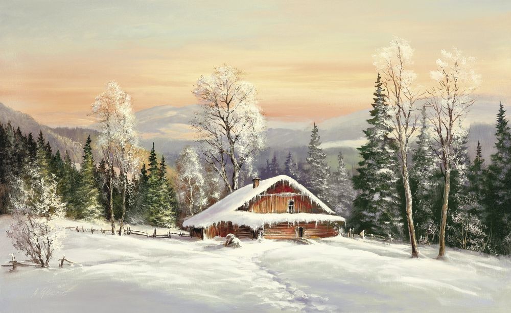 Helmut Glassl, SIBERIAN WINTER (Malerei, Landschaften, Natur, Wald, Winter, Schnee, Berge, spuren im Schnee,  Sibirien, Idylle, Ruhe, Bäume, Einsamkeit, Wohnzimmer, Treppenhaus, bunt)