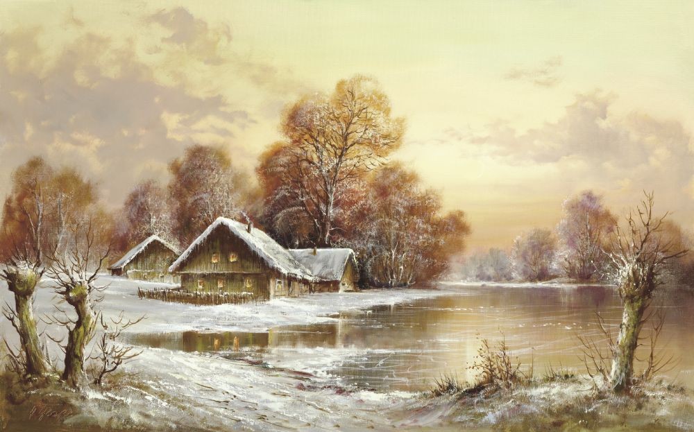 Helmut Glassl, WINTER IN BELARUS II (Malerei, Landschaften, Natur, Winter, Schnee, See, Kälte, Bauernhof, Weißrussland, Abgeschiedenheit, romantisch, Idylle, Ruhe, Bäume, Einsamkeit, Wohnzimmer, Treppenhaus, bunt)