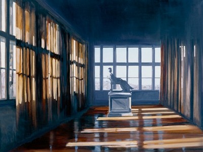 Henning von Gierke, Bildbetrachtung (Modern, Fenster, Zimmer, Tageslicht, Sockel, Figur, inszenierter Realismus, Fotorealismus, Wohnzimmer, Malerei, Wunschgröße, bunt)