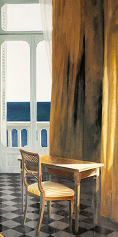 Henningvon Gierke, Interieur mit Sonne und Meer II (Zimmer, Interieur, Fenster, Tür, Veranda, Vorhänge, Sonnenlicht, Ozean, Meer, Stuhl, Tisch, Urlaub, Schlafzimmer, Wohnzimmer, Wunschgröße, Malerei, Realismus, bunt)