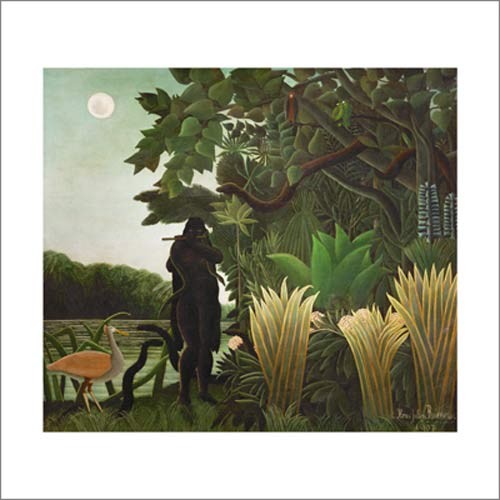 Henri ROUSSEAU, La charmeuse de serpents, 1907 (Dschungel, Bäume, Flötenspieler, Schlange, Schlangenbeschwörer, mystisch, Naive Malerei, magischer Realismus, Wohnzimmer, Treppenhaus, klassische Moderne, Malerei, bunt)