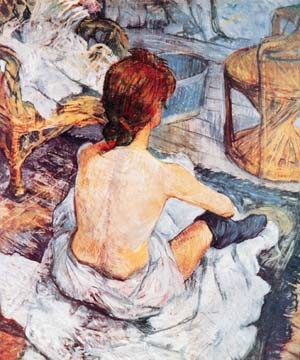 Henri de Toulouse-Lautrec, La Toilette (Malerei, Studie, Jugendstil,  Frau, Rückenakt, Aktmalerei, Badezimmer, Waschen, Schlafzimmer, Treppenhaus, Wohnzimmer, bunt)