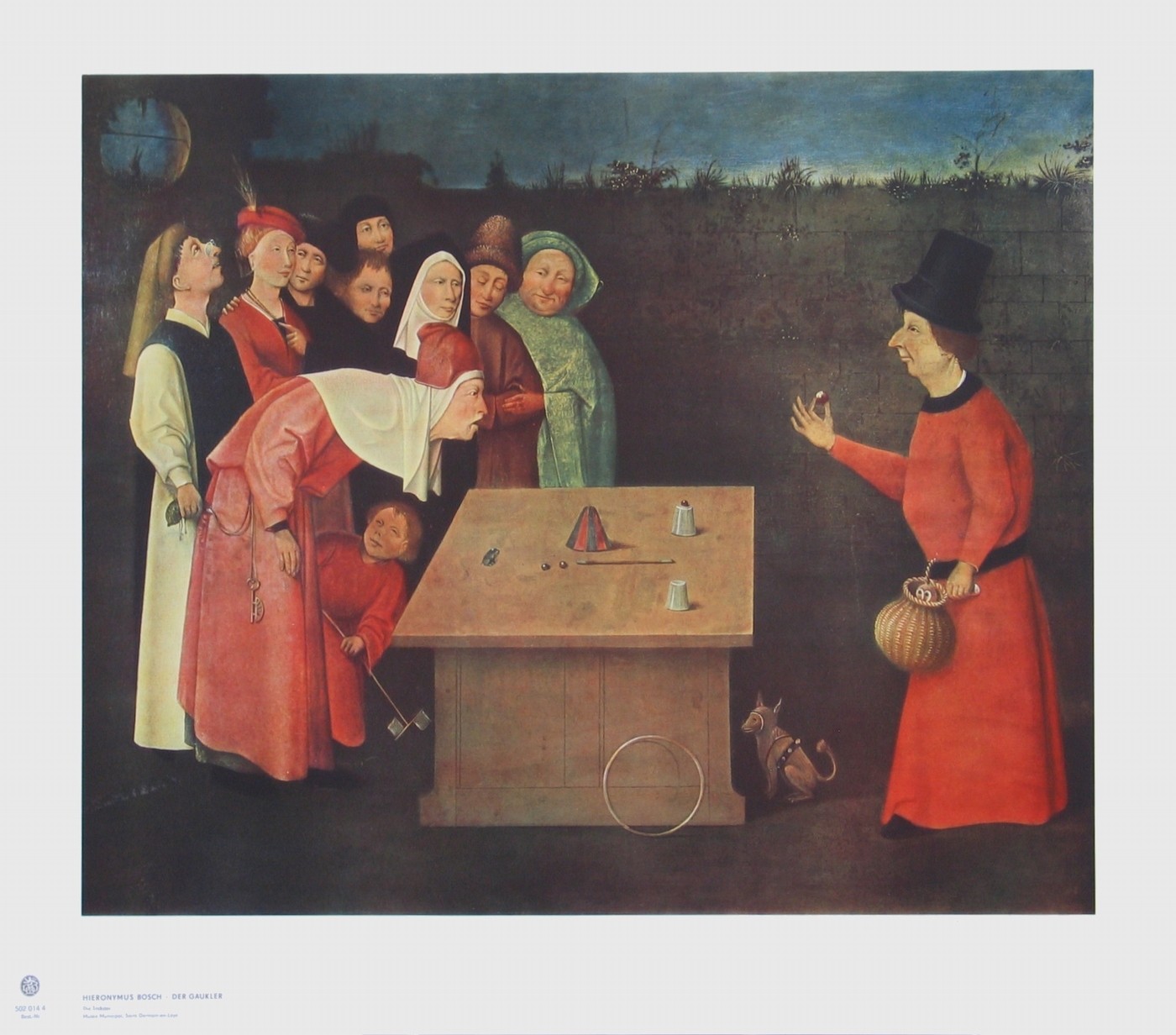 Hieronymus Bosch, Der Gaukler (auch: Der Zauberkünstler) (Malerei, Klassiker, Renaissance, Menschen, Spieler, Zocker, Bauern, Tölpel, List, Trick, bunt)