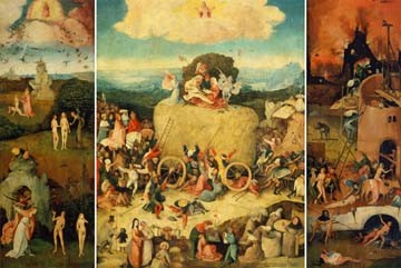 Hieronymus Bosch, Triptychon der Heuwagen (Wunschgröße, Malerei, Klassiker, Renaissance,  Triptychon, Paradies, Hölle, Phantasie, Symbolik, Urteil, Verdammnis, Erlösung, Fabelwesen, Dämonen,  bunt)