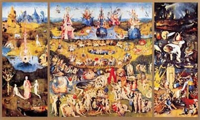 Hieronymus Bosch, Der Garten der Lüste (Wunschgröße, Malerei, Klassiker, Renaissance, Garten der Lüste, Phantasie, Symbolik, Fabelwesen, Dämonen, Menschen, Garten, Wollust, Erotik, Triptychon, bunt)