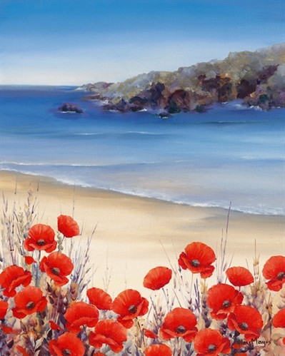 Hilary Mayes, Poppies by the Sea (Meeresbrise, Meer, Strand, Wellen, Blumen, Natur, Floral, Mohn, Blumenwiese, Sommer, Treppenhaus, Wohnzimmer, Wintergarten, Malerei, Wunschgröße, bunt)