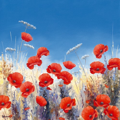 Hilary Mayes, Poppy Meadow I (Blumen, Natur, Floral, Mohn, Blumenwiese, Sommer, Treppenhaus, Wohnzimmer, Wintergarten, Malerei, Wunschgröße,  bunt)