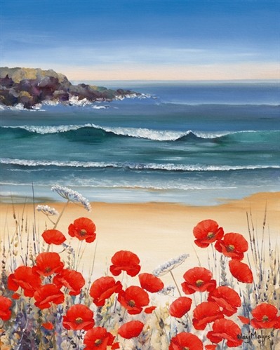 Hilary Mayes, PoppySands (Meeresbrise, Meer, Strand, Wellen, Blumen, Natur, Floral, Mohn, Blumenwiese, Sommer, Treppenhaus, Wohnzimmer, Wintergarten, Malerei, Wunschgröße, bunt)